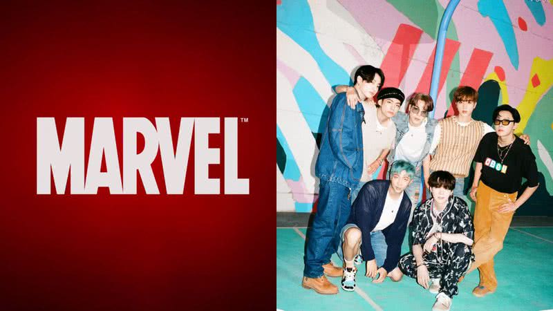 Logo da Marvel e BTS em photoshoot para o MV de "Dynamite" - Divulgação/Marvel/Big Hit Music