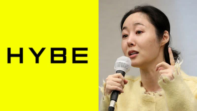 Logo da HYBE e Min Heejin, ex-CEO da ADOR - Divulgação/HYBE e Han Myung-Gu/WireImage