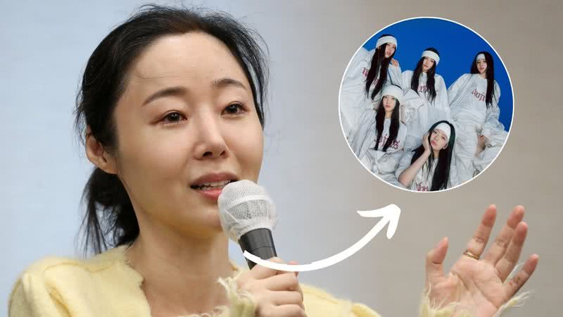 Min Hee Jin, CEO da ADOR, e integrantes do NewJeans - Han Myung-Gu/WireImage/Getty Images e Divulgação/ADOR