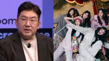 Bang Si Hyuk, da HYBE e o girlgroup NewJeans - Divulgação/SM Entertainment/Reprodução/ Youtube/Bloomberg Television/걸스 온 파이어 X KPOP JAMM