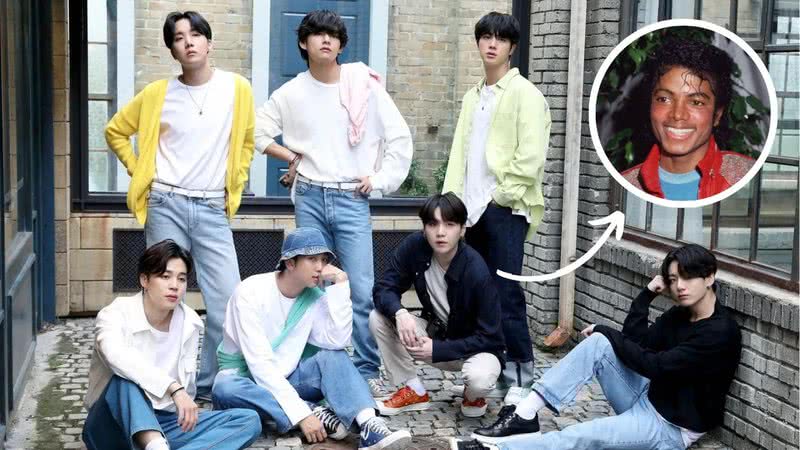 BTS em photoshoot para o álbum "BE" e Michael Jackson, o rei do pop - Divulgação/Big Hit Music e Frank Edwards/Getty Images