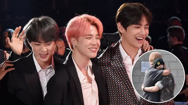 Jin, Jimin e V, do BTS - Kevin Mazur/Getty Images e Reprodução/YouTube/디스패치 / Dispatch