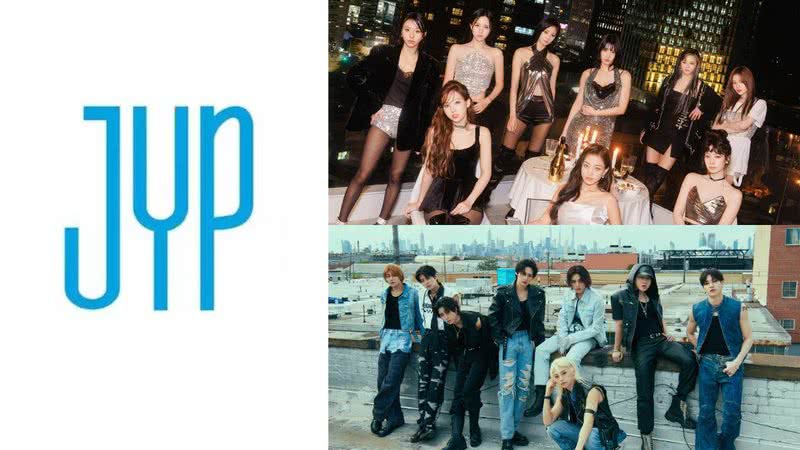 Logo da JYP Enterteainment e concept photos do TWICE e Stray Kids - Divulgação/JYP Entertainment