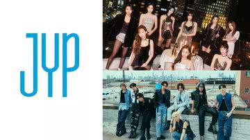 Logo da JYP Enterteainment e concept photos do TWICE e Stray Kids - Divulgação/JYP Entertainment