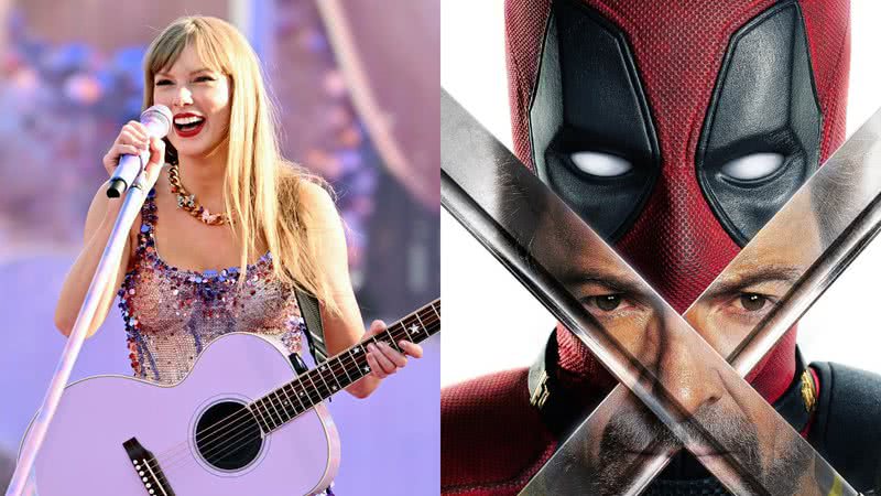 Taylor Swift na "The Eras Tour" e pôster oficial de "Deadpool & Wolverine" - Noam Galai/TAS24/Getty Images for TAS Rights Management e Divulgação/Marvel