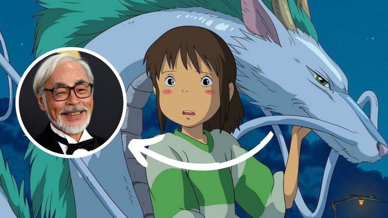 Hayao Miyazaki e cena de A Viagem de Chihiro - razer Harrison/Getty Images/Reprodução/Studio Ghibli