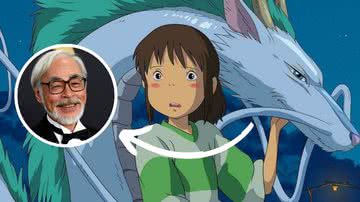 Hayao Miyazaki e cena de A Viagem de Chihiro - razer Harrison/Getty Images/Reprodução/Studio Ghibli