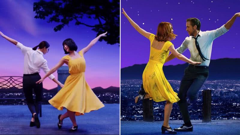 Cena do filme "La La Land", a direita; e do MV de "What is Love?", do TWICE, a esquerda - Reprodução/Paris Filmes/YouTube/JYP Entertainment