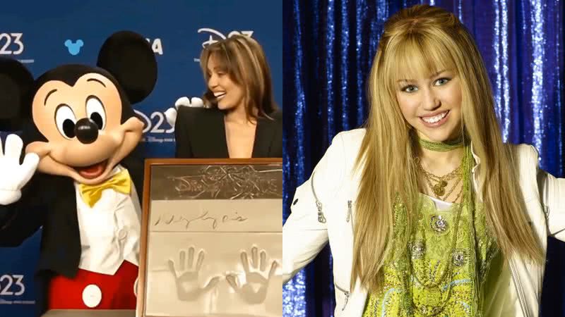 Miley Cyrus (à esqu.) e foto do seriado "Hannah Montana" (à dir.) - Reprodução/Vídeo e Divulgação/Disney