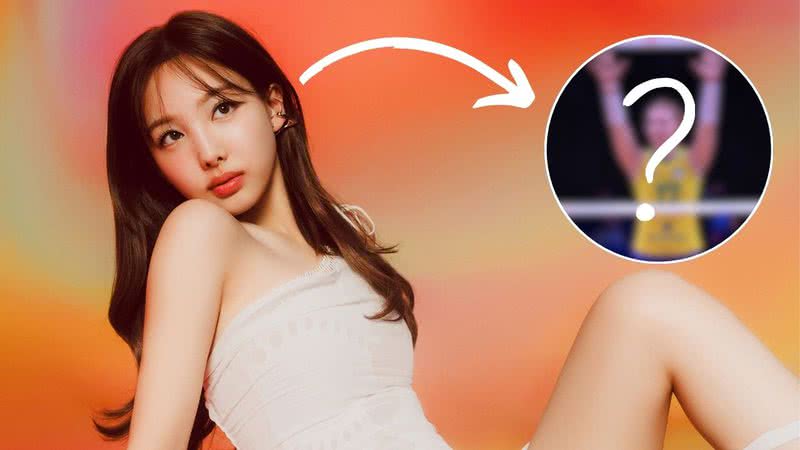 Nayeon, do TWICE, e jogadora da seleção feminina brasileira de vôlei - Divulgação/JYP Entertainment e Seskim Photo/MB Media/Getty Images