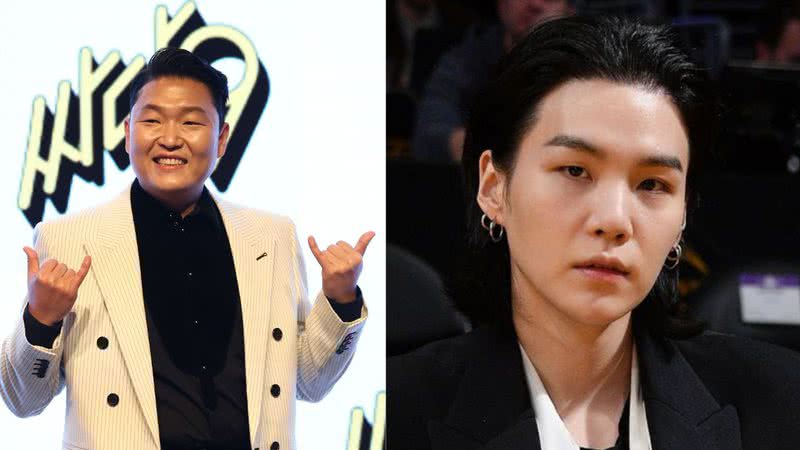 PSY em coletiva de imprensa para o álbum "Psy 9th" em 2022 e Suga na Crypto.com Arena em 2023 - Chung Sung-Jun/Allen Berezovsky/Getty Images