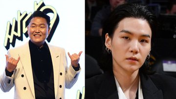 PSY em coletiva de imprensa para o álbum "Psy 9th" em 2022 e Suga na Crypto.com Arena em 2023 - Chung Sung-Jun/Allen Berezovsky/Getty Images