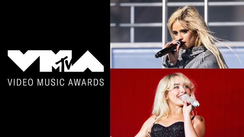 Logo do VMA e fotos de Camila Cabello e Sabrina Carpenter em shows - Reprodução/MTV/Harry Durrant/ Dana Jacobs/Getty Images