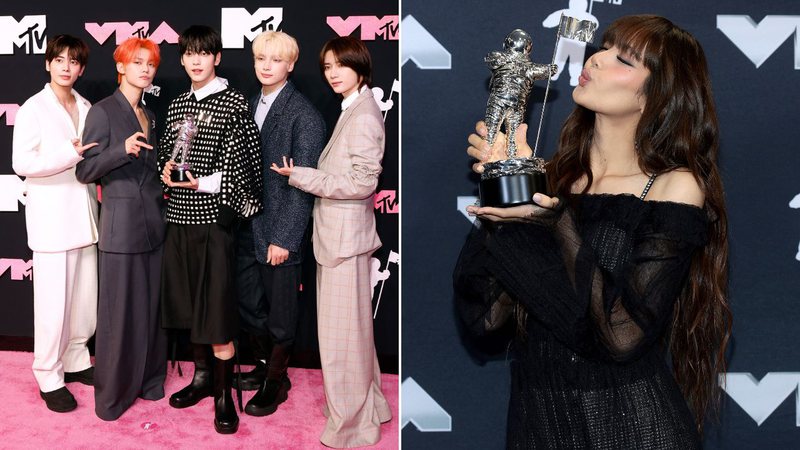 TXT e Lisa com seus prêmios do VMAs - Taylor Hill/Dimitrios Kambouris/Getty Images