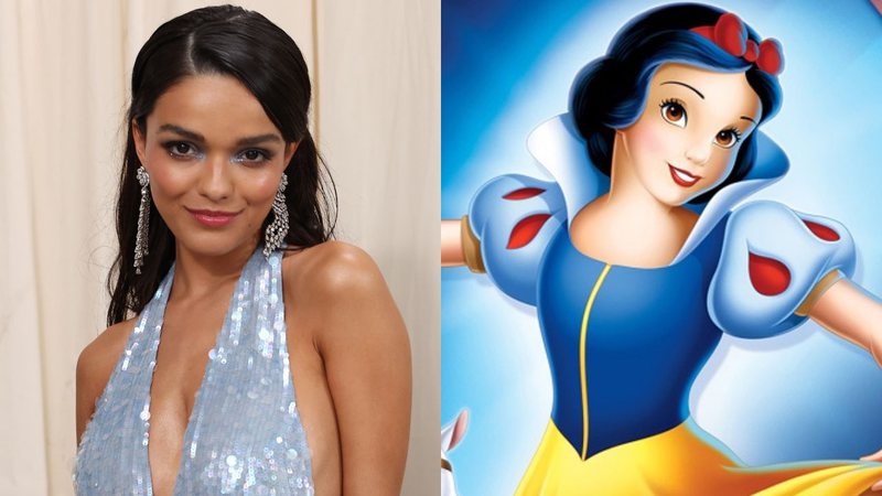 Rachel Zegler no Met Gala 2024 e pôster oficial de "Branca de Neve e os Sete Anões" - Mike Coppola/MG24/Getty Images for The Met Museum/Vogue) e Divulgação/Disney