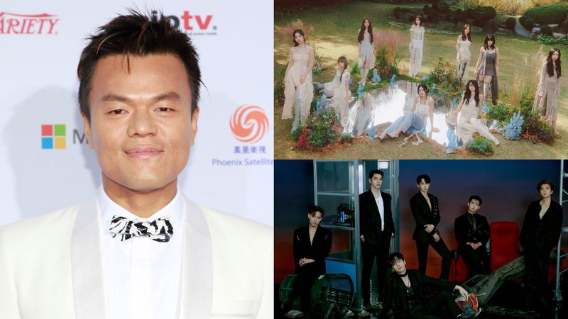 J.Y. Park na cerimônia do Emmy de 2012, TWICE em concept photo para "I GOT YOU" e 2PM em photoshoot para "MUST" - Robin Marchant/Getty Images e Divulgação/JYP Entertainment