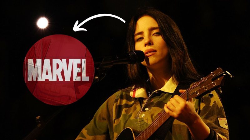 Logo da Marvel e Billie Eilish - Reprodução/Marvel/Kevin Mazur/Kevin Mazur/Getty Images