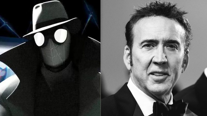 Homem-Aranha Noir em "Homem-Aranha no Aranhaverso" e Nicolas Cage no tapete vermelho do filme "The Surfer" - Reprodução/Sony Pictures/Marvel e Pascal Le Segretain/Getty Images