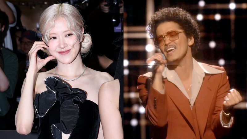 Rosé no tapete vermelho de BLACKPINK World Tour “Born Pink In Cinemas” e Bruno Mars em performance do Silk Sonic no Grammy 2021 - Han Myung-Gu/WireImage e Theo Wargo/Getty Images for The Recording Academy