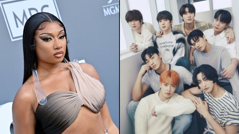 Megan Thee Stallion e os integrantes do ATEEZ - Axelle/Bauer-Griffin/FilmMagic e Divulgação/KQ Entertainment