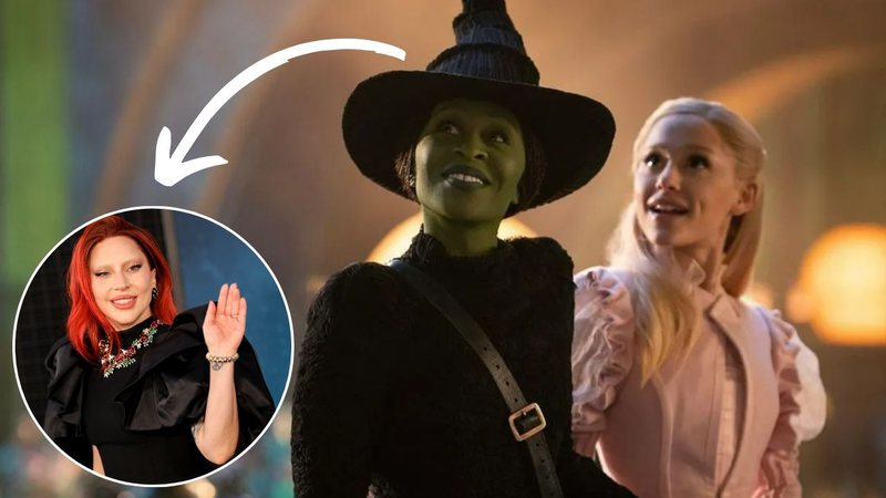 Cena do filme 'Wicked' (2024) e a cantora Lady Gaga - Reprodução/Universal Pictures e Matt Winkelmeyer/WireImage/Getty Images