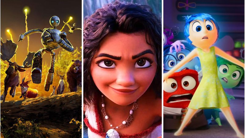 Imagens promocionais de "Robô Selvagem", "Moana 2" e "Divertidamente 2" - Reprodução/DreamWorks/Disney/Pixar