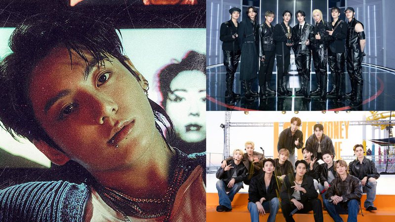 Jungkook, Stray Kids e SEVENTEEN - Divulgação/BigHit Music e Reprodução/X/Stray_Kids/pledis_17