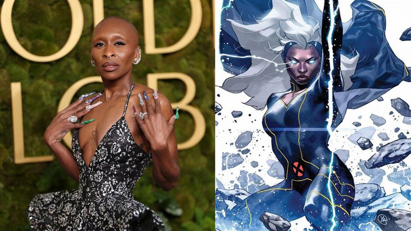 Cynthia Erivo no Globo de Ouro 2025, e Tempestade, do X-Men - Matt Winkelmeyer/WireImage/GettyImages e Divulgação/Marvel Comics