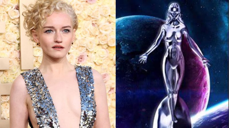 Julia Garner no Globo de Ouro 2024 e imagem da personagem Shalla-Bal - Amy Sussman/Getty Images/Reprodução/Marvel Comics