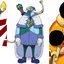 Personagens Miss Goldenweek, Chess e K.M., respectivamente, de One Piece