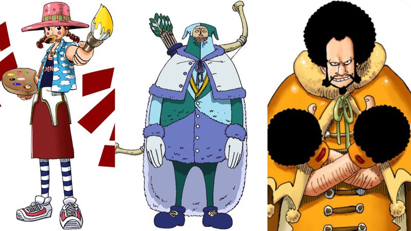 Personagens Miss Goldenweek, Chess e K.M., respectivamente, de One Piece - Reprodução/Toei Animation