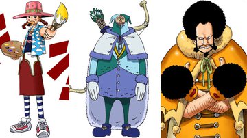 Personagens Miss Goldenweek, Chess e K.M., respectivamente, de One Piece - Reprodução/Toei Animation