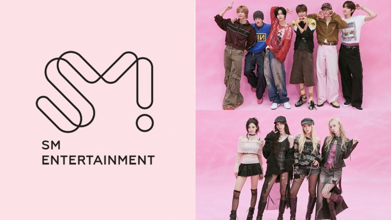 Logo da SM Entertainment e integrantes do aespa e RIIZE - Divulgação/SM Entertainment