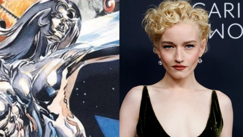 Julia Garner no 'Caring for Women 2024' e imagem da personagem Shalla-Bal - Taylor Hill/FilmMagic/GettyImagens e Divulgação/Marvel Comics