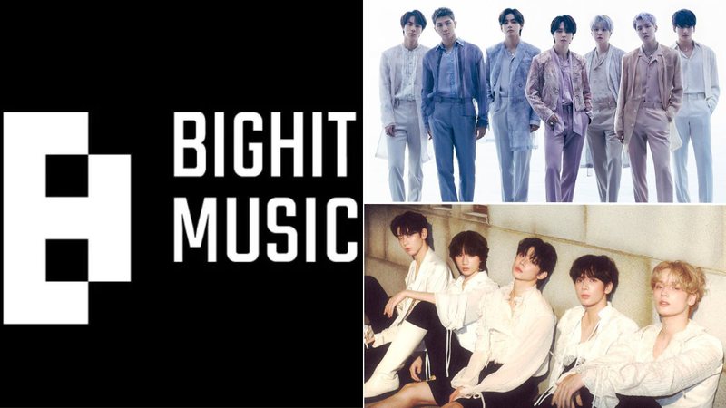 Logo da BIGHIT MUSIC e integrantes do BTS e TXT - Divulgação/BIGHIT MUSIC