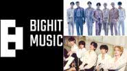 Logo da BIGHIT MUSIC e integrantes do BTS e TXT - Divulgação/BIGHIT MUSIC