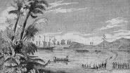 Gravura do navegador e explorador português Pedro Álvares Cabral (1467 -1526) desembarcando na Terra da Vera Cruz, no Brasil - Kean Collection/Getty Images