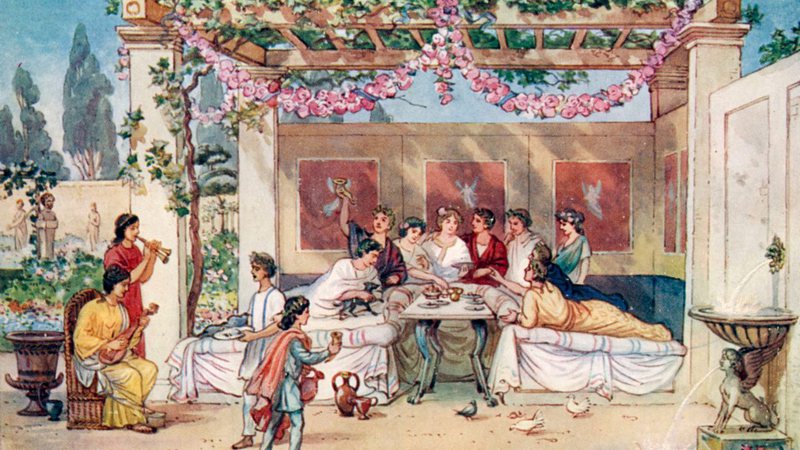 Ilustração de J Williamson de um jantar no império romano - Culture Club/Getty Images