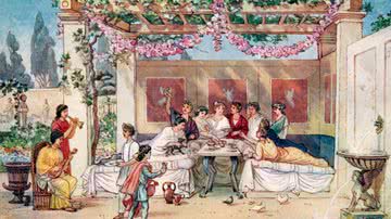 Ilustração de J Williamson de um jantar no império romano - Culture Club/Getty Images