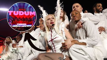 Cantora Lady Gaga e painel da TUDUM da Netflix - Divulgação/Kevin Mazur/WireImage/Alexandre Schneider/Getty Images