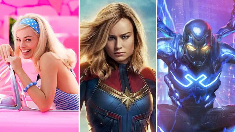 Imagens promocionais de 'Barbie', 'The Marvels' e 'Besouro Azul' - Divulgação/Warner Bros./Marvel Studios/DC Comics