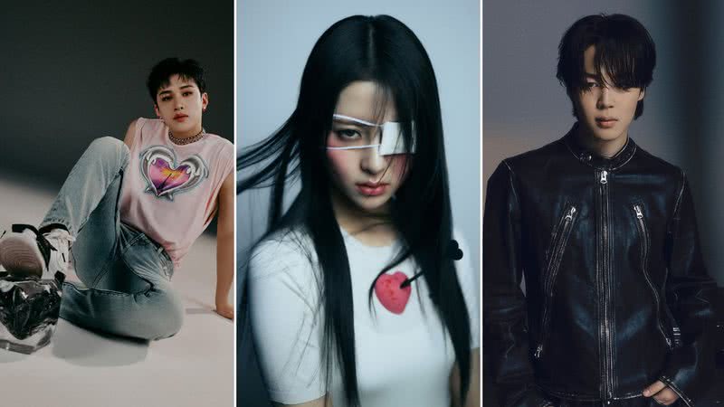 Bang Chan, do Stray Kids, Yunjin, do LE SSERAFIM e Jimin, do BTS - Divulgação/JYP Entertainment/Source Music/BigHit Music