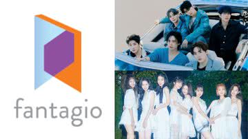 Logo da Fantagio e imagens promocionais dos grupos ASTRO e Weki Meki - Divulgação/Fantagio Entertainment