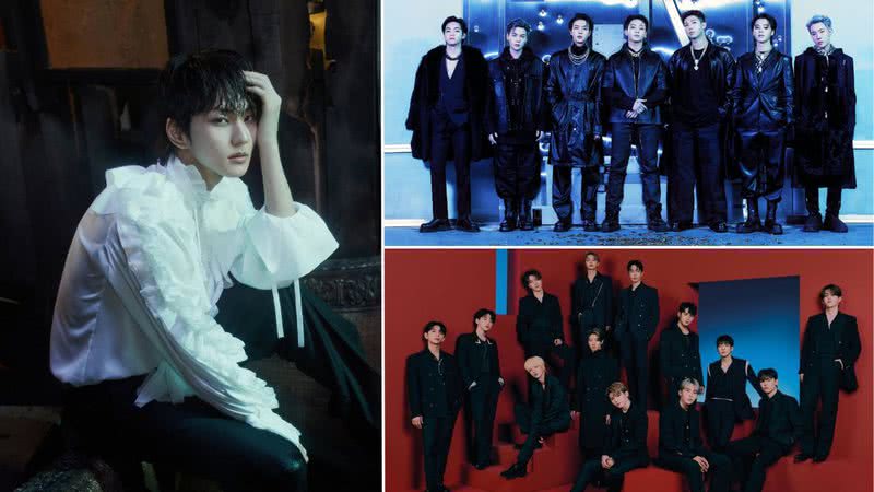 Jungwon, do ENHYPEN em teaser photo de 'Dark Blood', SEVENTEEN para a divulgação do filme SEVENTEEN Power of Love: The Movie (2022) e BTS - Divulgação/Pledis Entertainment/ Big Hit Music/ BE:LIFT