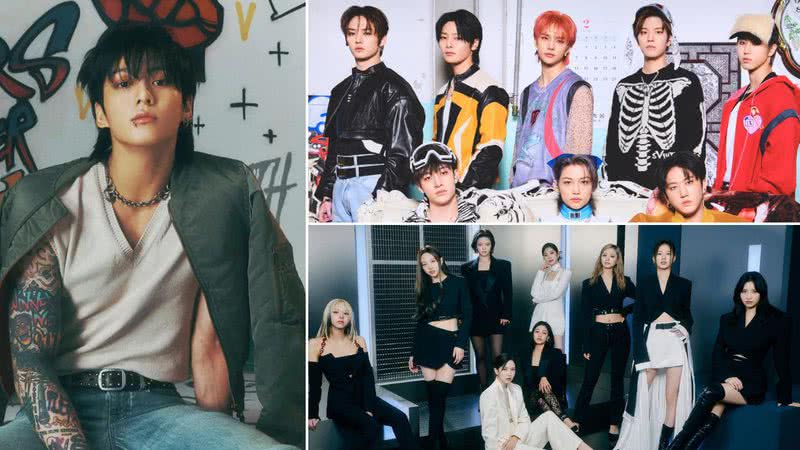 Jungkook, do BTS, Stray Kids e TWICE, concorrentes do MAMA 2023 - Divulgação/ Big Hit Entertainment/ JYP Entertainment