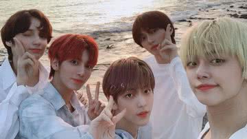 Yeonjun, Soobin, Beomgyu, Taehyun e Hueningkai, membros do TXT - Divulgação/Twittter/TXT_members