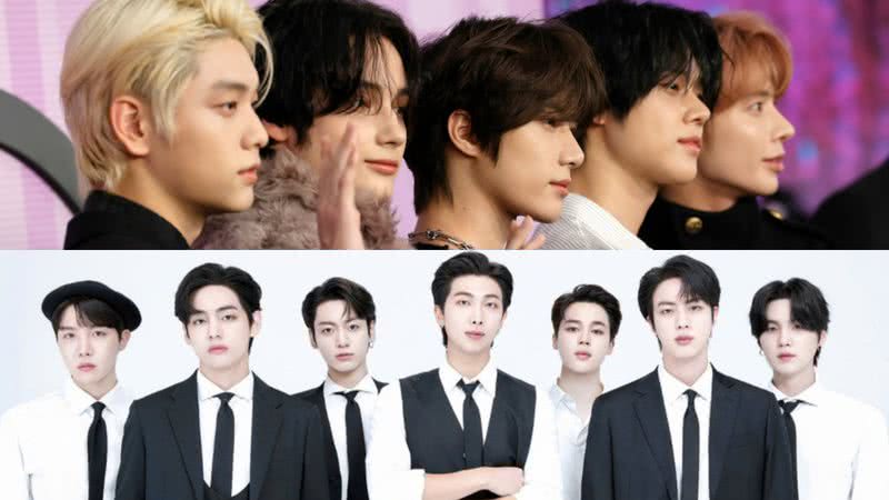 Membros do TXT e BTS, respectivamente - Getty Images/ Divulgação/ Big Hit Music