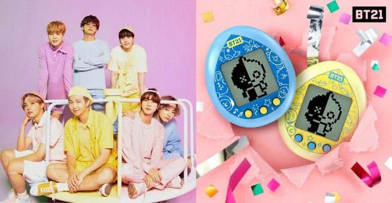 Integrantes do BTS e as duas versões do Tamagotchi BT21 - Divulgação/HYBE Labels/UNIVERSTAR BT21