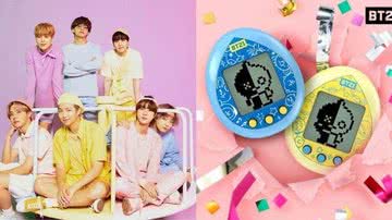 Integrantes do BTS e as duas versões do Tamagotchi BT21 - Divulgação/HYBE Labels/UNIVERSTAR BT21