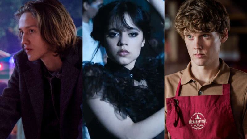 Percy Hynes White, Jenna Ortega e Hunter Doohan em 'Wandinha', respectivamente - Divulgação/Netflix